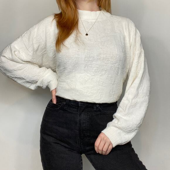 Vintage 80s Spunky Oversized 0X Ivory Floral Embroidered Mockneck Sweater - Picture 7 of 10